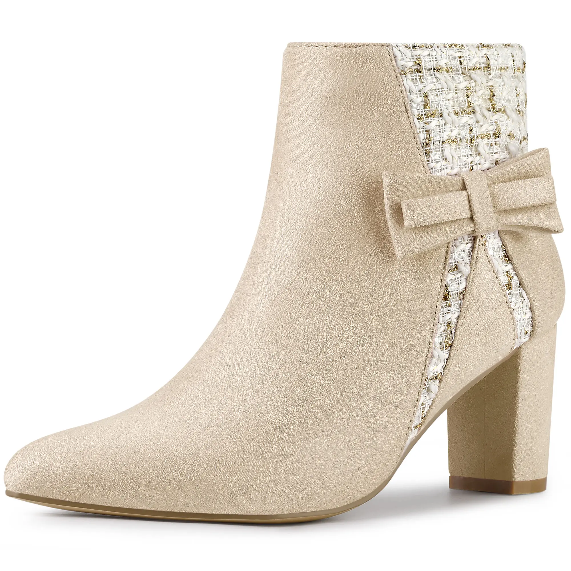BLISSFUL STEP Tweed Plaid High Heel Boots Bow Chunky Heels Ankle Boots