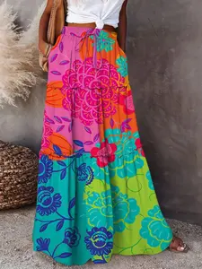 Boho Print A-Line Midi Skirt, High Waist Elastic Waist Tie Front, Summer Beach Dress, Slimming Hidden Pockets, Casual Style