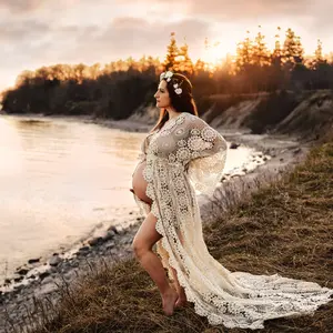 Handcraft Crochet Handmade Cotton Beige Robe Maternity Dress Baby Shower Gown for Maternity or Non-maternity Photography Props