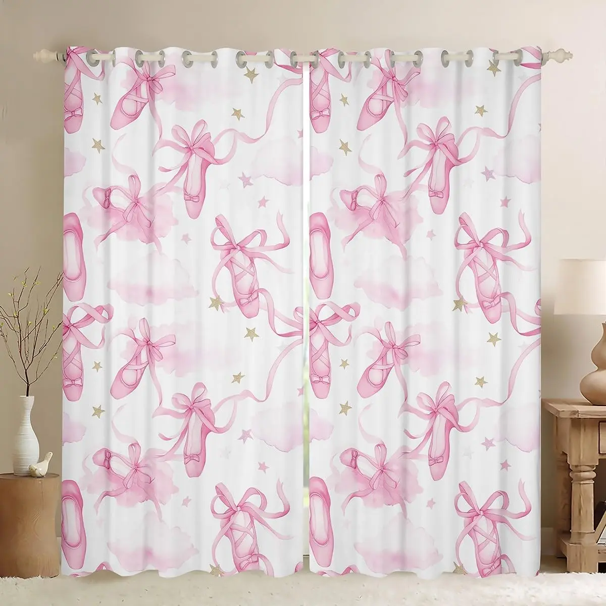 Kids Pink Ballet Blackout Curtains Dancing Ballerinas Window Curtains Pink Bow Tie Darkening Drapes Bedroom Lace Window Treatments (2 Panels)