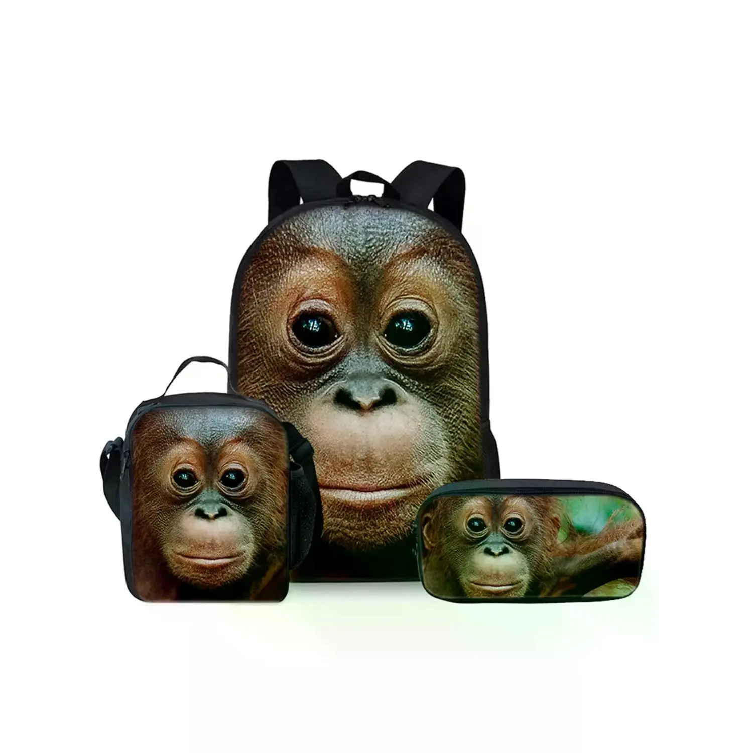 17-Inch Little Monkey Print Backpack Set, 3-Piece Cute Daypack Set with Single-Layer Backpack, Shoulder-Strap Lunch Bag, and Pencil Case