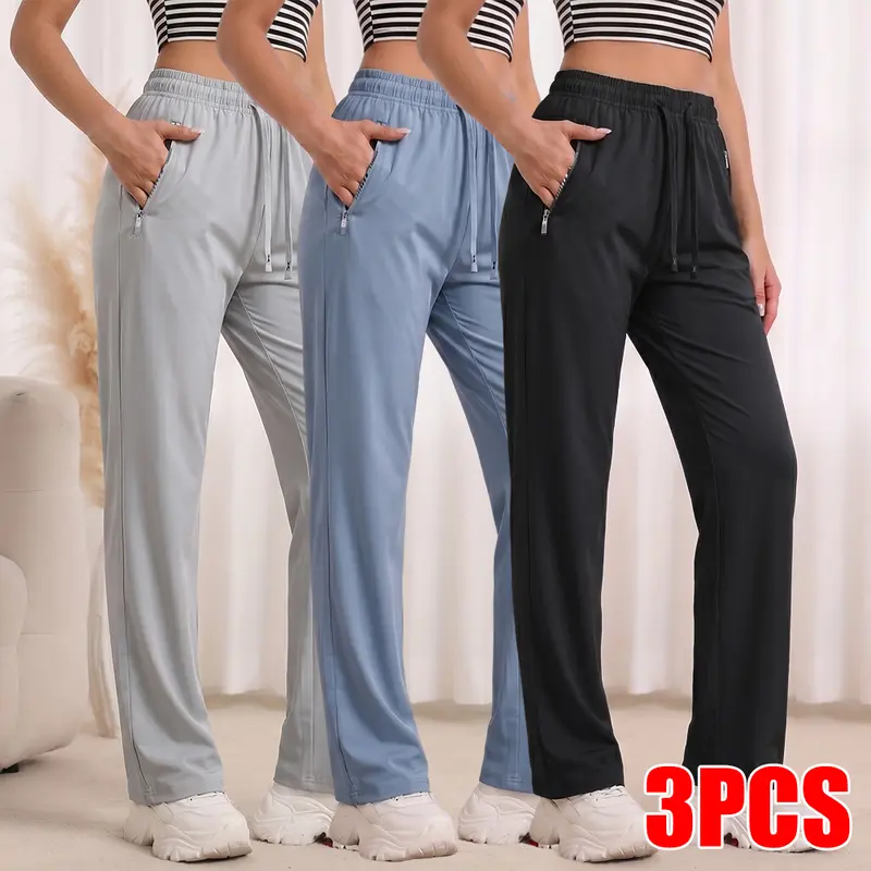 Women's Polyamide 3-Piece Adjustable Straight Leg Pants Set - Blue, Red, Black, Elastic Waist with Drawstring, Zipper Pockets for Casual, Travel