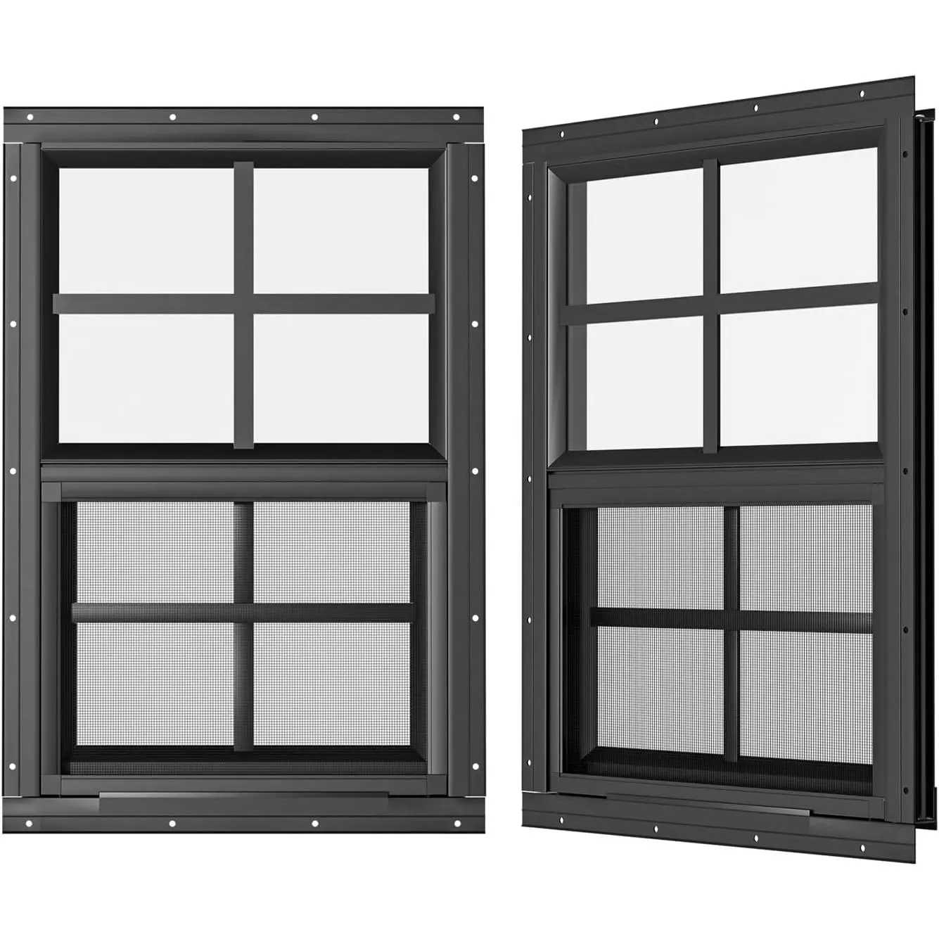 2-Pack Modern Durable Black Synthetic Tempered Glass Flush Mount Shed Windows - 24" W x 36" H, Lightweight, Adjustable Ventilation, Accessory Screws, DIY Friendly for Outdoor Structures, Playhouses, 24 X 36