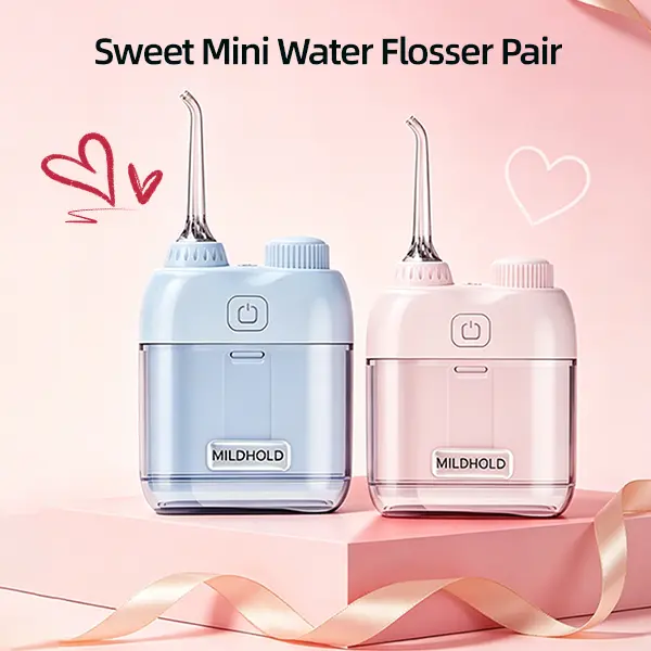 MILDHOLD 2-Pack Compact Rechargeable Cordless Water Flosser, His & Hers Couple Daily Rinse Gift Set, 3 Adjustable Pressure Modes Portable Surface Oral Rinse Device with Replaceable Nozzles, Travel & Shower Friendly Daily Oral Routine Kit