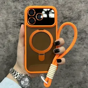 New orange phone case with lens protection cover, bracket, and wrist strap, suitable for iPhone 17 16 15 14 13 12 11 Pro Max Plus Air, compatible with MagSafe wireless charging, frosted anti drop phone case accessories suitable for both men and women.