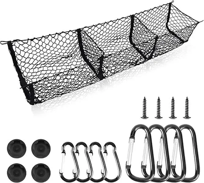 150cm/59inch 3-Pocket Pickup Truck Bed Cargo Net Organizer, Heavy Duty Elastic Mesh Trunk Storage Net with Complete Mounting Hardware, Universal Automotive Cargo Holder for Most Pickup Trucks SUVs Vans
