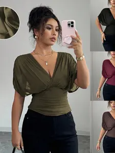 Women's V Neck Solid Color Short Sleeve Soft Fitted T-Shirt, Casual Daily Wear Top, Comfortable Fashion Design Nk-0001-728