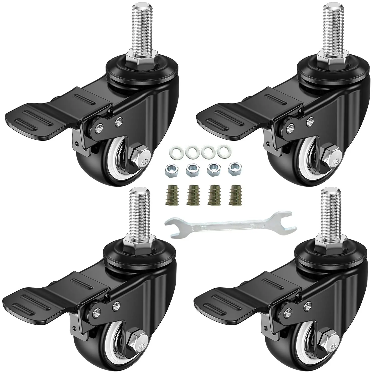 4 Pack 1.5 Inch Swivel Stem Casters, Non-Marking Polyurethane Wheels 330 Lbs with Diameter 3/8"- 16 x 1 Stem Thread and Nuts for Carts Trolley Furniture