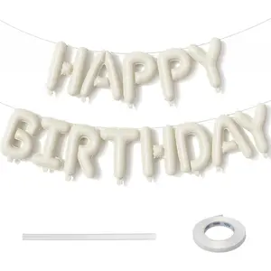 Cream Happy Birthday Balloon Banner, Neutral Beige Happy Birthday Foil Balloon, 16 Inch Ivory White Sand Born Day Bunting Banner Letter Balloons for Men Women Birth Party Decorations Supplies