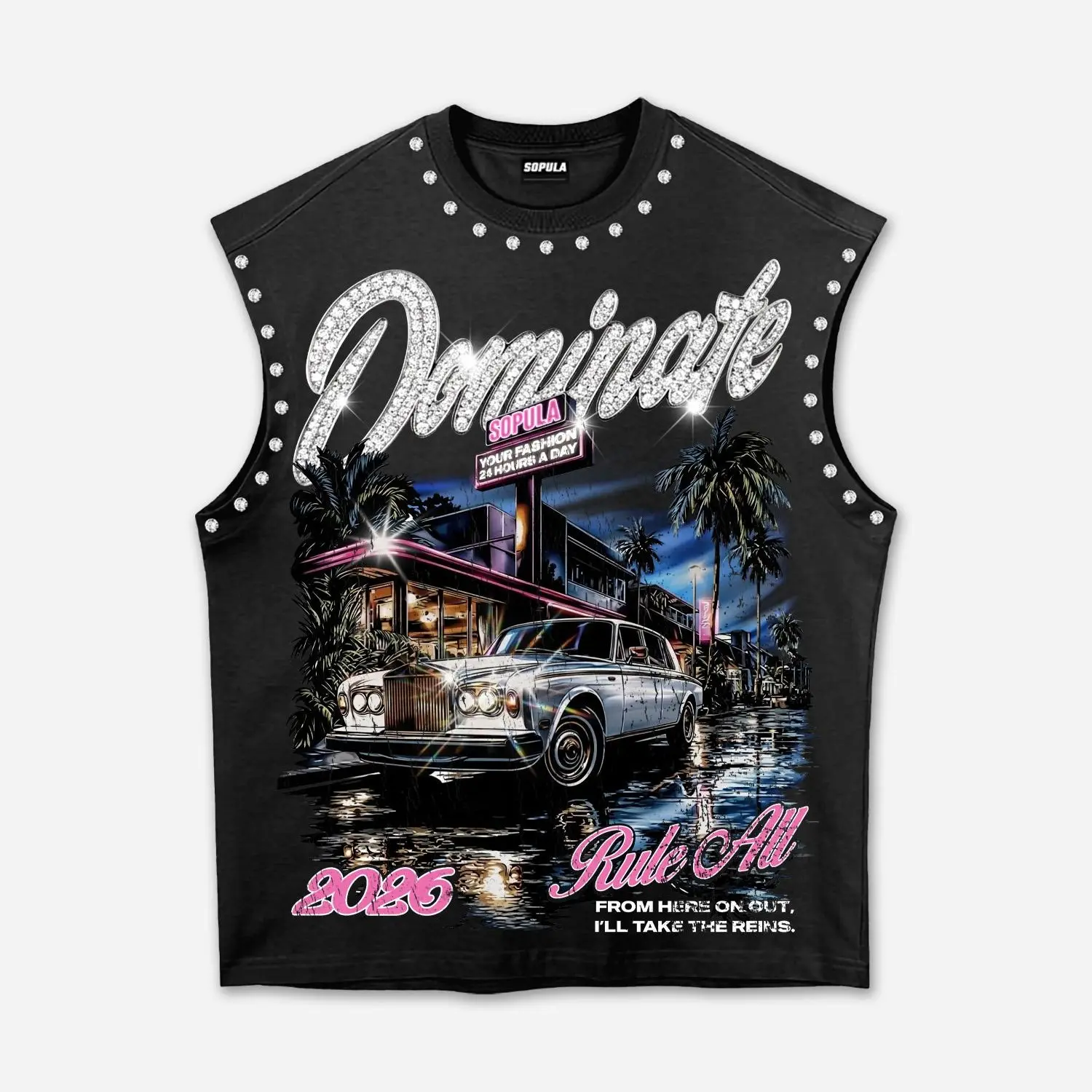Sopula Studio Menswear Men's 2026 "I'm In Charge" Vintage Street Graphic Rhinestone Sleeveless Top, Stylish Vest Fashion Vest Streetwear Tank Vest