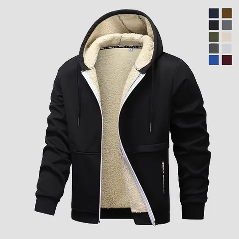 Men's Thermal Lined Long Sleeve Hooded Jacket - Casual Fashionable, Athletic, Plain, Extra Warm Zip-Up Coat with Side Pockets, Western Stylish Menswear for Fall/Winter (Black, Brown)