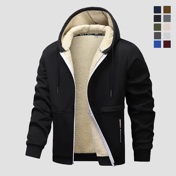 Men's Thermal Lined Long Sleeve Hooded Jacket - Casual Fashionable, Athletic, Plain, Extra Warm Zip-Up Coat with Side Pockets, Western Stylish Menswear for Fall/Winter (Black, Brown)