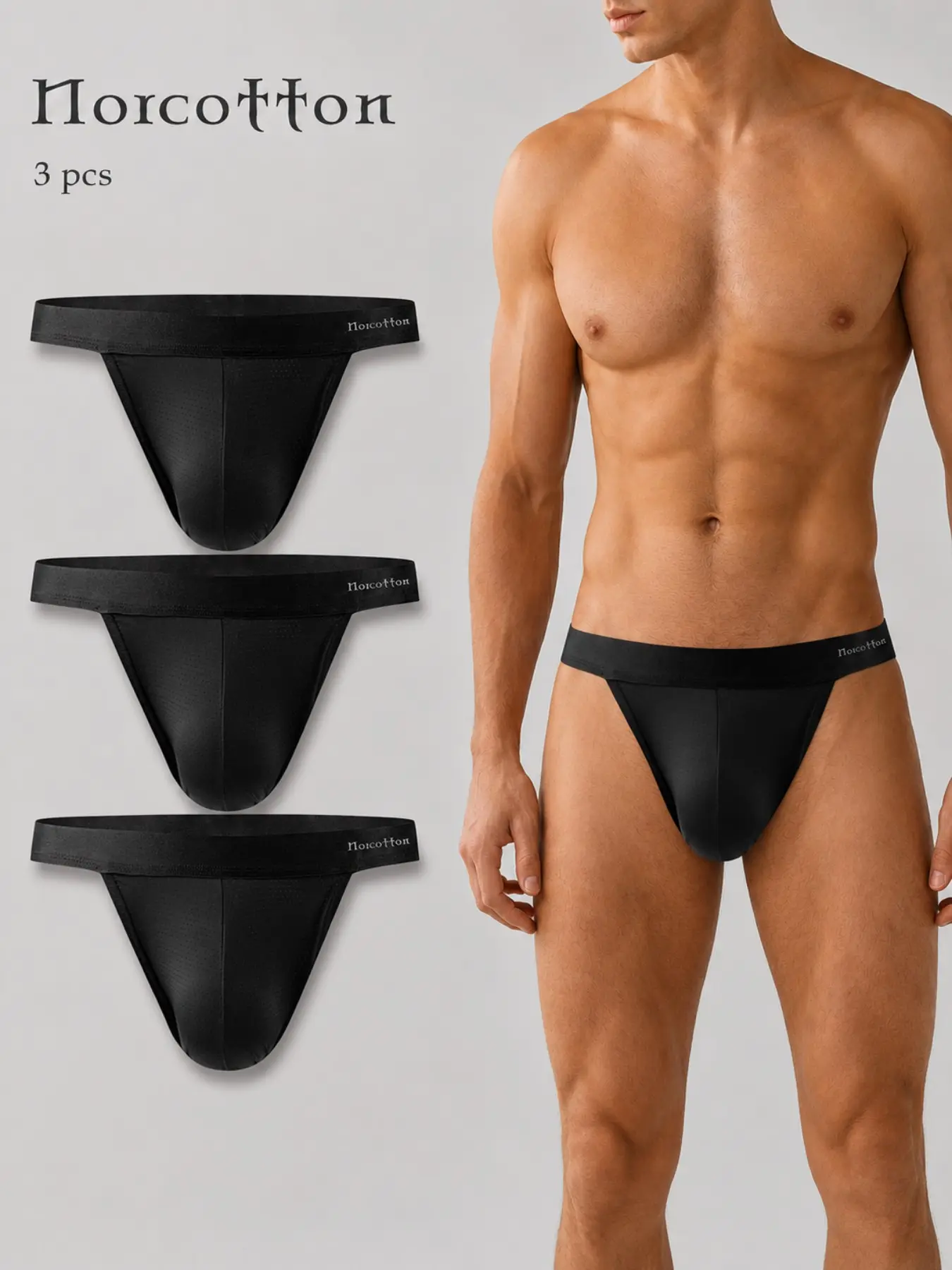 Norcotton 3 Pack Men's Solid Black Triangle Briefs, Soft Stretch Elastic Knit Underwear with Front Pouch Design