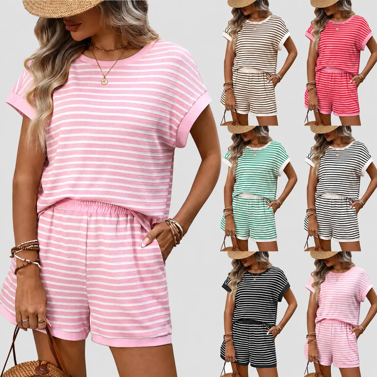 Women's 2 Piece Lounge Set - Casual Color Block Striped Short Sleeve T-Shirt and Shorts Matching Summer Outfits
