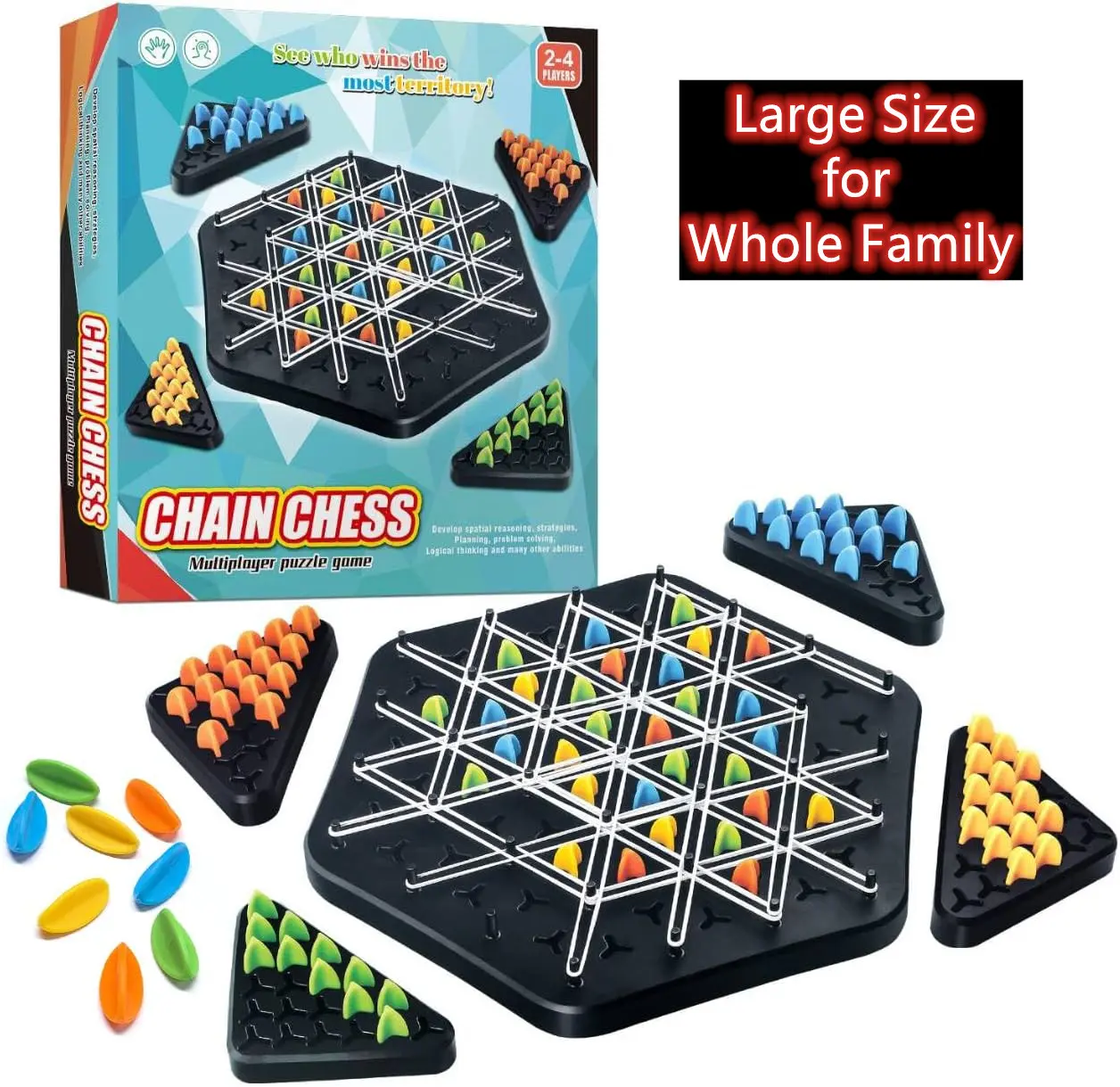 Large Size Chain Triangle Chess Game for Family Night, Board Game for Kids and Adults - 2 to 4 Players - 3 Years Up