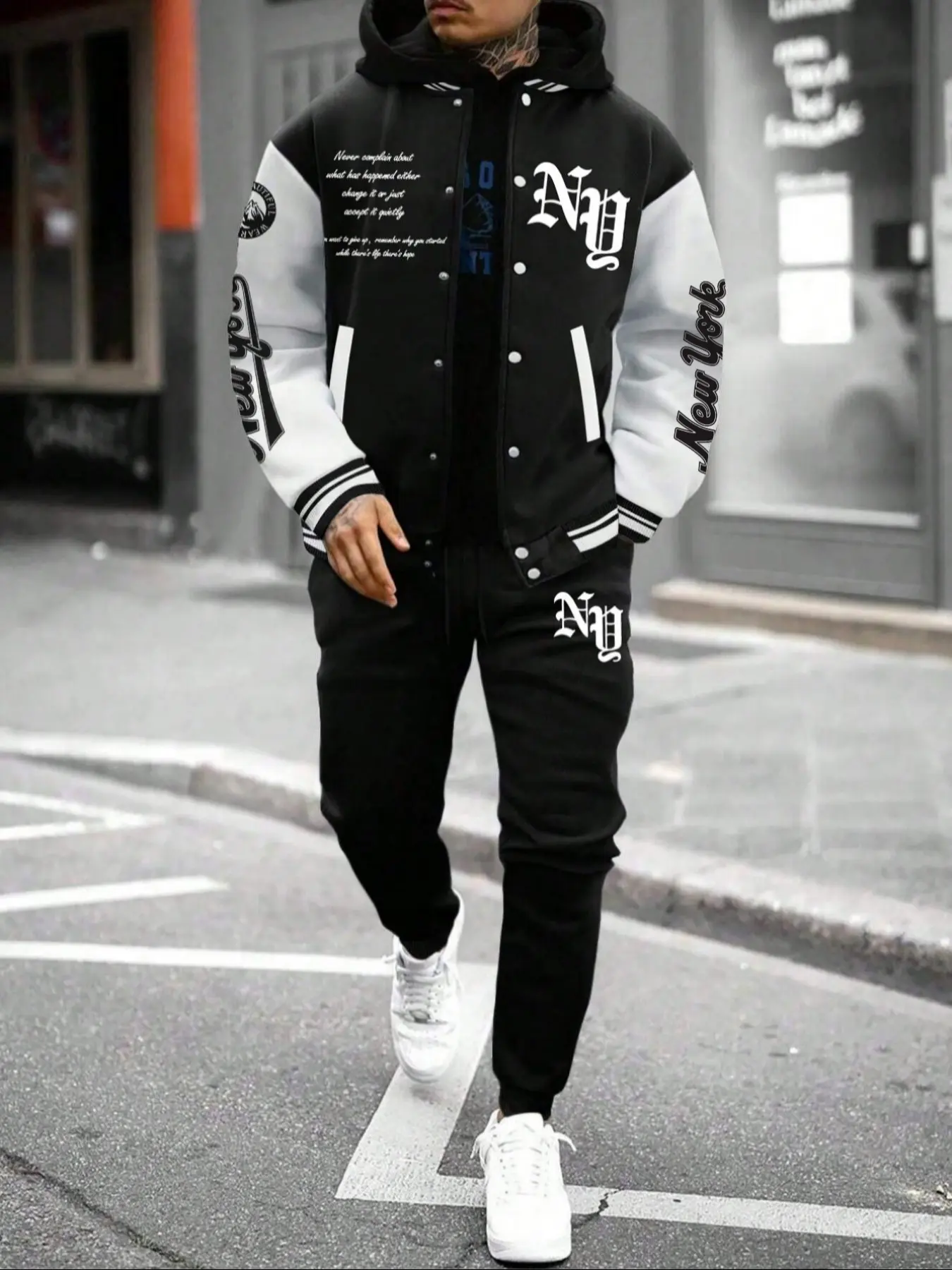 New Men's Classic NY Letterman Varsity Jacket and Jogger Pants 2 Piece Tracksuit Set, Color Block Long Sleeve Baseball Coat Sweatpants Outfit for Streetwear Daily Wear, Casual Streetwear for Fall & Winter