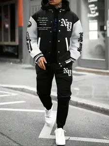 Men's Tracksuit 2 Piece Outfits Streetwear Tracksuit Set Color Block Letter Graphic Long Sleeve Varsity Jacket and Pants Set,  Comfortable And Warm Bomber Jackets, Mens Clothes for Fall Outfits & Winter Outfits