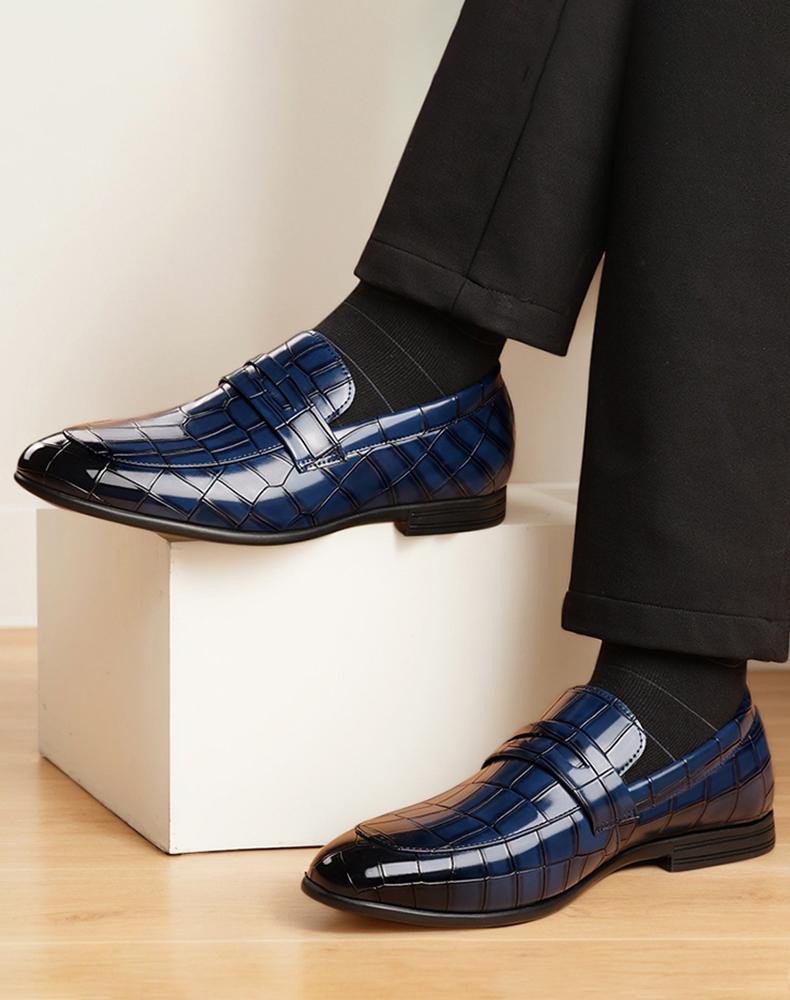 Men's Blue Croc-Embossed Penny Loafers, Formal Slip-On Leather Shoes38696