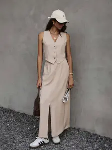 Women's Casual Two-Piece Set, Includes Single-Breasted Solid Color Cardigan and High-Waisted Long Dress, Summer Breathable