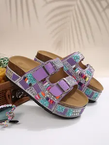 Women's Bohemian Beaded Rhinestone Thick Sole Slippers, Adjustable Buckle Soft Bottom Sandals, Beach Sandals, Casual Vacation Versatile Shoes Summer