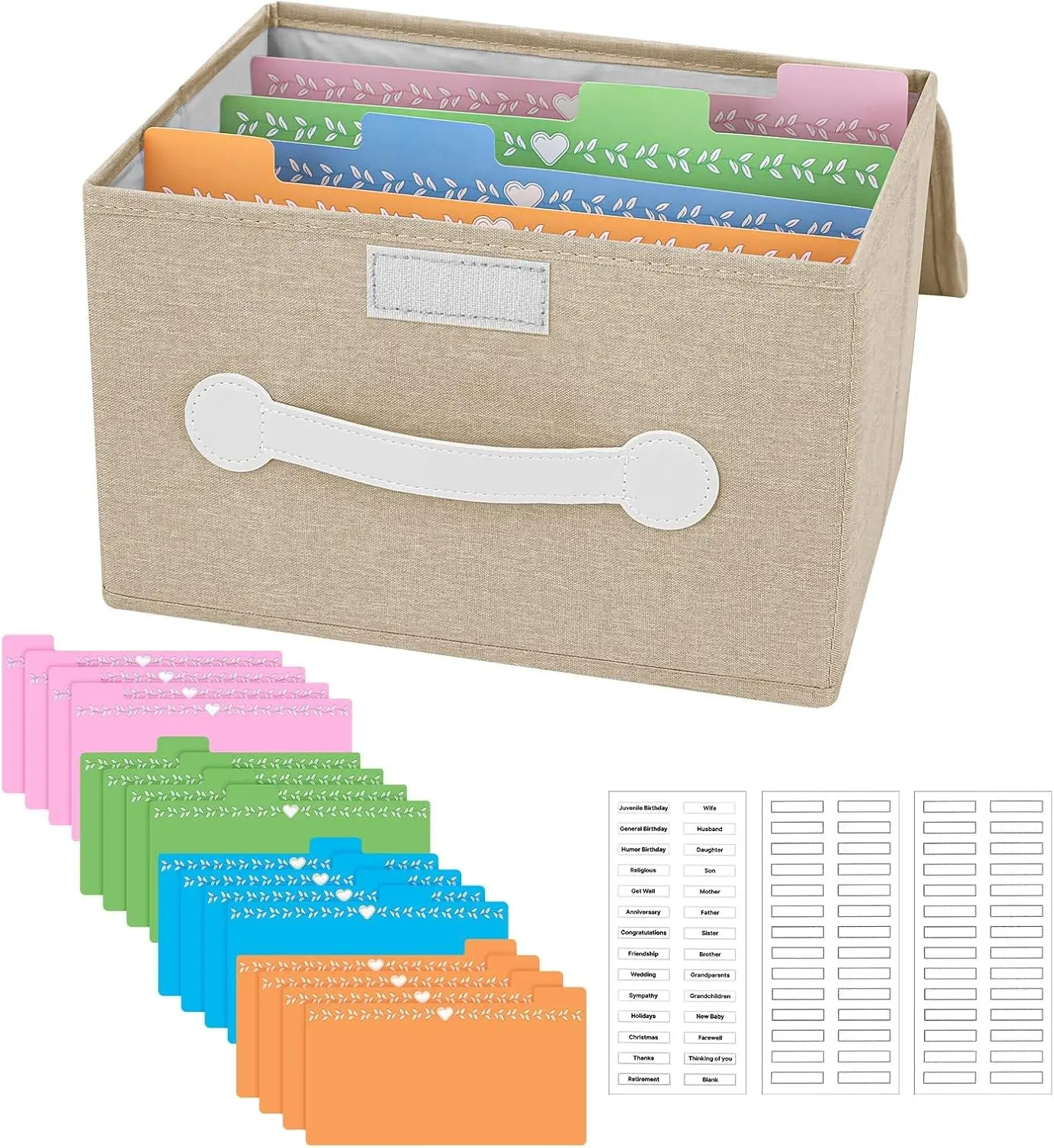 Greeting Card Organizer Box with 16 Dividers Collapsible Storage Box With Lids for Greeting Cards Recipes Photos Envelopes Keepsake Beige with 84 Pcs Labels