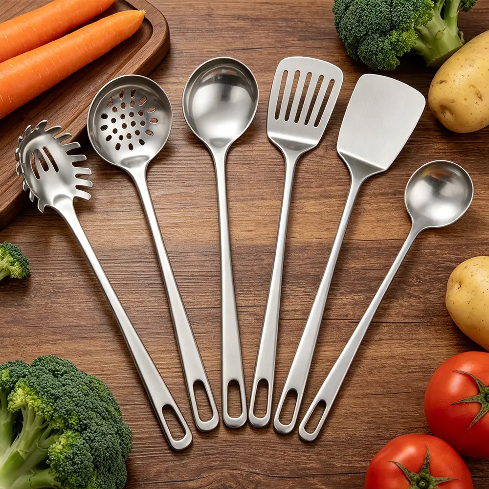Camp Kitchen 6-Piece Metal Cooking Utensils Set, 430 Stainless Steel Tools with Spatula, Ladle, Turner for Pasta, Wok, Eggs, Heavy-Duty, Dishwasher Safe