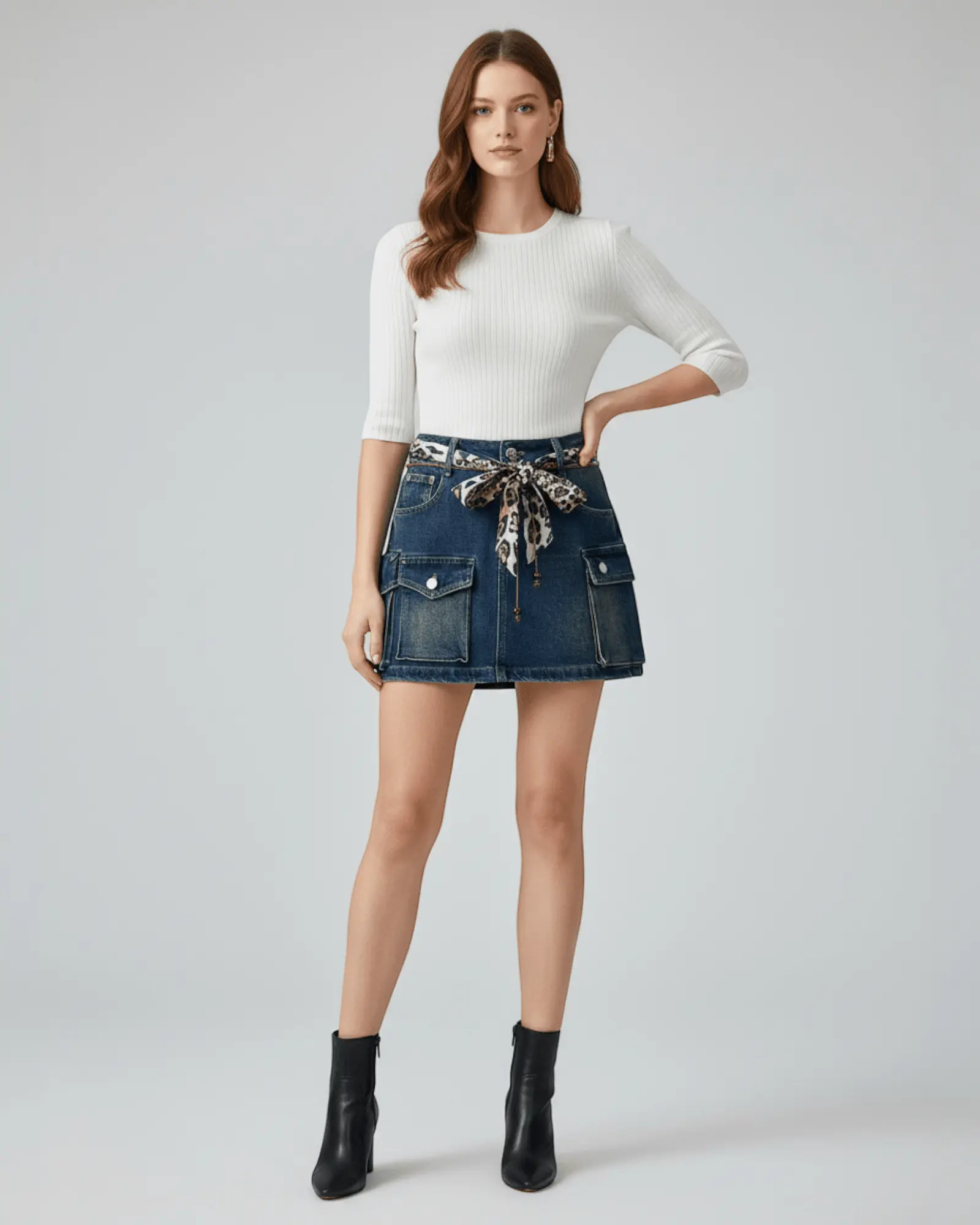 High-Rise Fitted Cargo Mini Skirt for Women, Belted Stretch Denim with Leopard Scarf Tie, Cotton Blend