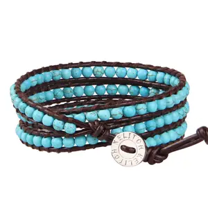KELITCH Turquoise Beaded 3 Wrap Bracelet Handmade Natural Leather Strand Bracelets New Women Men Gifts Braid