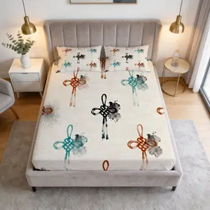 3 Piece Chinese Knot Pattern Printed Fitted Sheet Set, HD Digital Print Watercolor Style Fitted Sheet with 360° Elastic Deep Pocket, Soft Breathable & Machine Washable Bedroom Bedding (No Insert) for Bedroom & Guest Room Home Decor