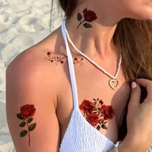 Women's Gothic-Style Realistic Red Rose Temporary Tattoos, 8 Sheets Waterproof Long-Lasting Body Art for Arm, Leg Decor at Parties, Festivals