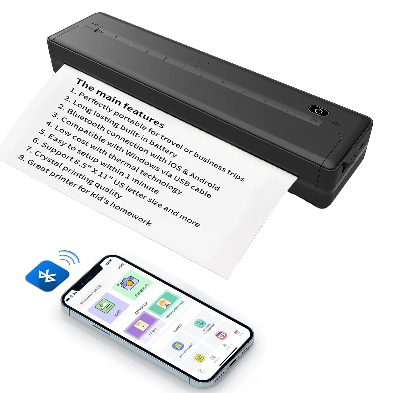JOYYE Portable Printer, Portable A4, Mini Printer & Cartoon Sticker, Portable Thermal Printer, Travel, Mobile Office, School