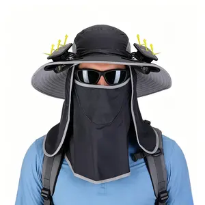 2 In 1 Solar Fan Hat UPF50+ Sun Hat With Fans Wide Brim Fishing Hat with Face Cover Neck Flap Solar USB Charging for Hiking Gardening Outdoor Work Fan Cap Sports Hat