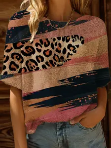 Summer Boho Knit Top, Leopard Print Short Sleeve, Casual Elegant Commuter, Beach Style, Women's Knitted Shirt, Vacation Wear