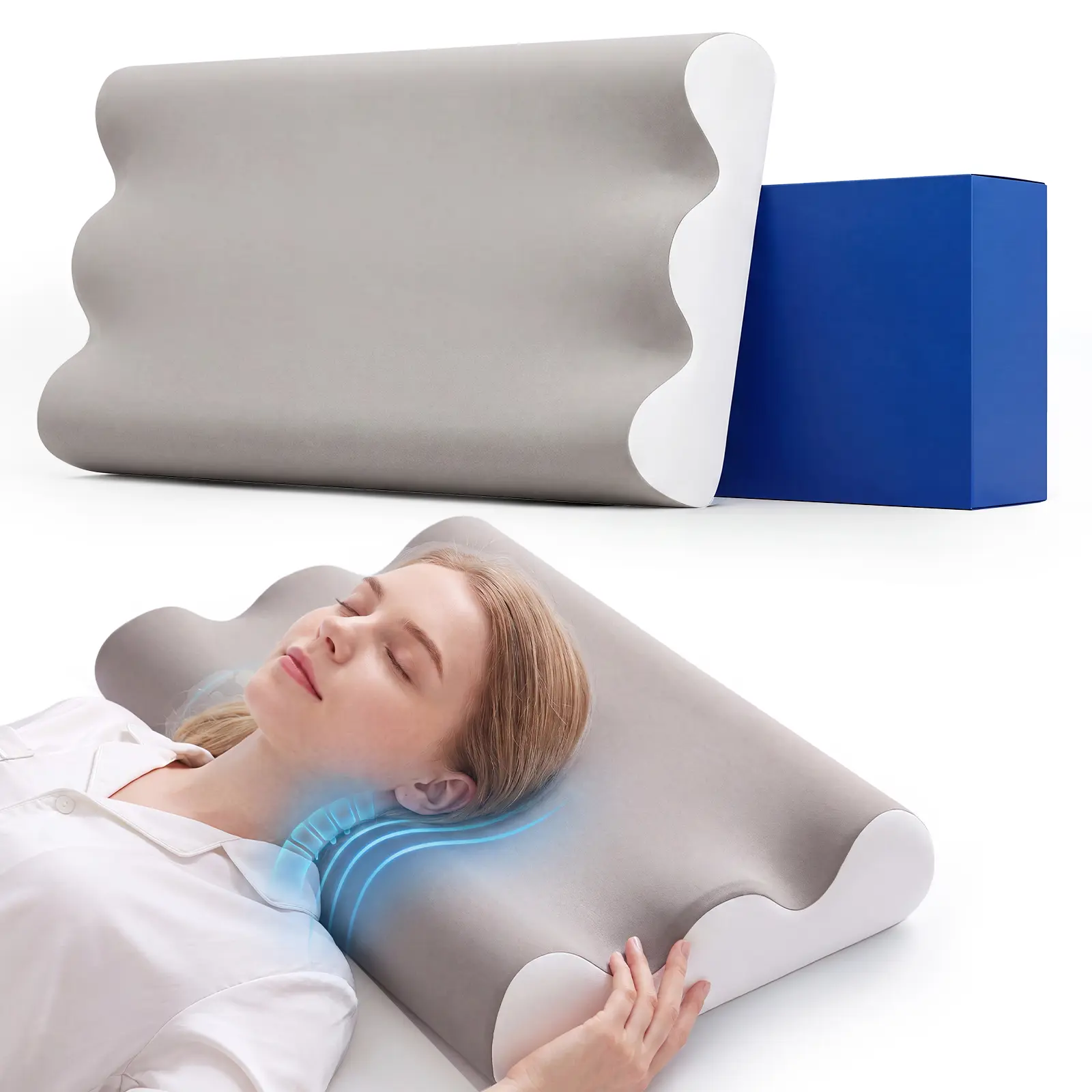 Durable Memory Foam Neck Rest Pillow - Orthopedic, Ergonomic Contoured, Dual-Height, Arm Grooves, Cooling Breathable Fabric Removable Cover, Queen Size, for Side Sleepers, Neck Care Support with Memory Foam Cushioning