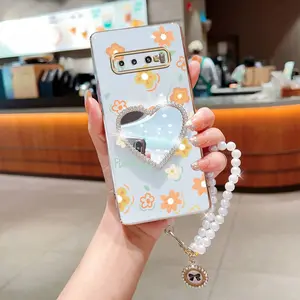 Pearl Strap Lanyard S10+ Shockproof Plating Mirror Phone Holder Case Compatible With for Samsung Galaxy S10 Plus Cute Cartoon Orange Flowers Case Cover for Popular