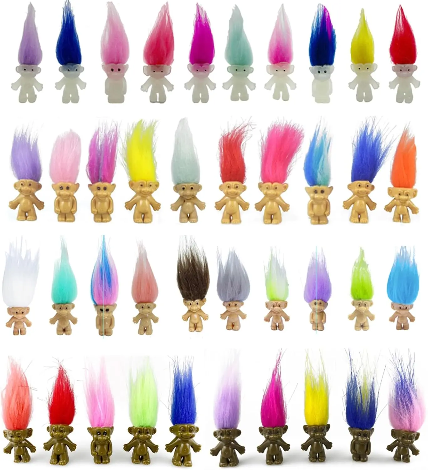 YINTLILOCN 40PCS PVC Luminous Mini Troll Dolls - 0.78in Glow-in-the-Dark Lucky Figures, Colorful Hair Vintage Collectible Toys for Christmas Decor, Birthday Gifts, Cake Toppers, Light