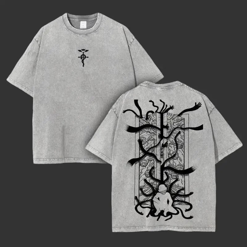 Retro Gate of Alchemy Anime Vintage Double Printed Washed T-Shirt, Unisex Mineral Anime Manga Washed Heavy Cotton T-shirt, Gift For Anime Fan Lover