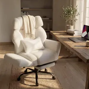 Office Chair with Flip Armrests,Big and Tall Office Chair with Foot Rest,Extra Wide Seat & Lumbar Pillow,Ergonomic Computer Gaming Chair,Comfy Criss Cross Chair for Pets Sitting,Teddy Fleece,White outdoorfun