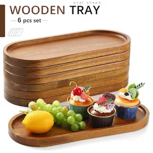 6pcs set Acacia Wooden Tray 11.3×4.1inch Rustic Wood Serving Trays Bulk Boards Oval Charcuterie for Food,Cheese,Cookie,Fruit,Sushi,Breakfast, Bread,Appetizer Plates Decorative Platters