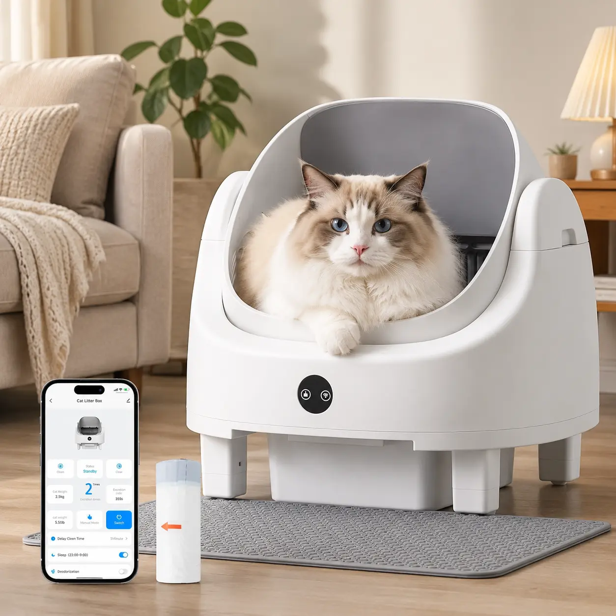 Aoxun Ultra Automatic Litter Box App Control Self Cleaning Litter Box Odor Control＆Safety Protection for Multiple Cats with Garbage Bag, Cat Litter Mat and Fragrance Box, Ivory