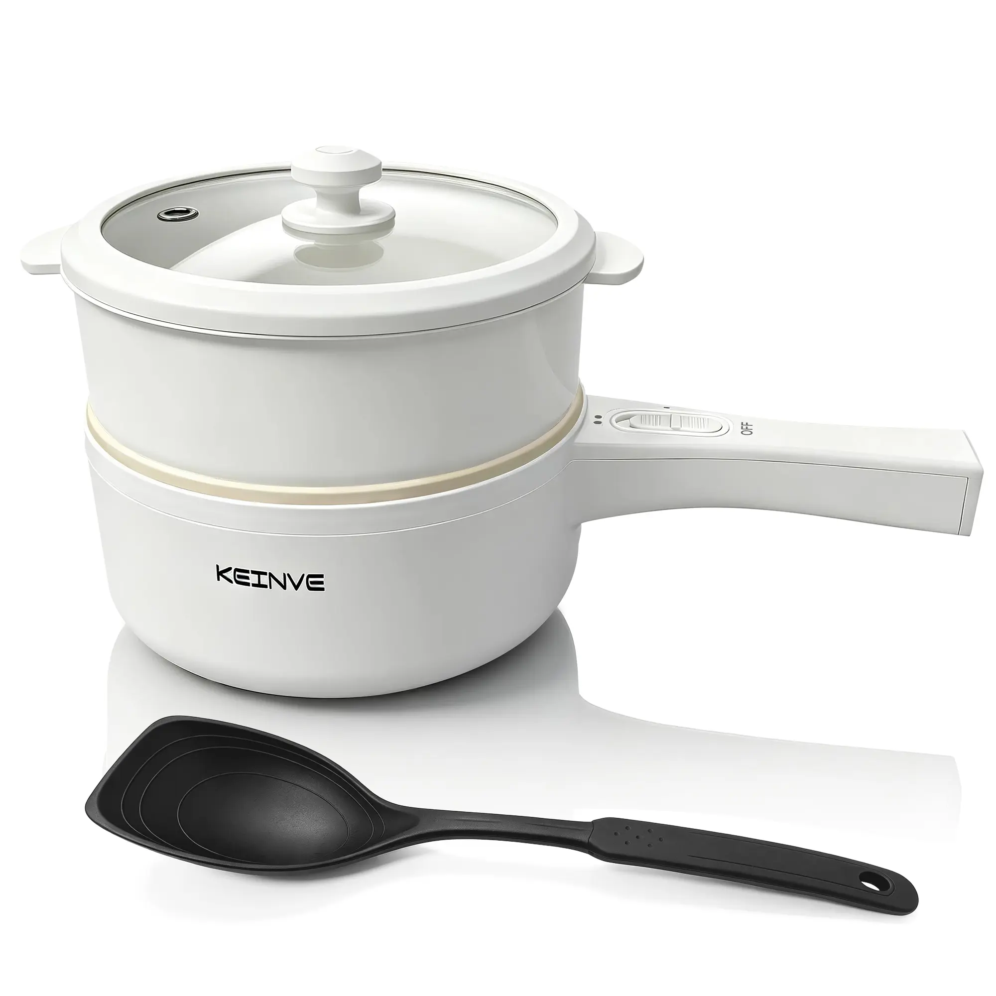 KEINVE 1.5L Electric Hot Pot with Dual Power & Steamer Basket and Spatula, 5-in-1 Electric Cooker for Boil, Steam, Sauté, Fry & Stew | Energy-Saving Design for Dorm, Office & Home Cooking, White