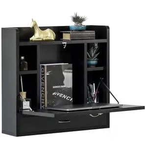 212 MAIN Foldable Laptop Desk, 23x6.75x23.75 in. Wall-Mount Rectangle Wood Home Office Desk with Storage Shelves, Drawers & Sturdy Storage Drawer Platform, Black