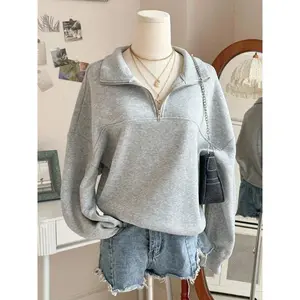 Women's Loose-Fit Zip-Up Pullover Sweater, Back-To-School Style, Graduation Look, Casual Daily Wear, Comfortable Fall Clothing