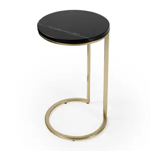 360 Stand Black Marble Round End Table - 27.5x16.5x16.5 in., Marble Top, Indoor Furniture Side Table for Home Use