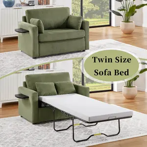 Twin Size Convertible Sleeper Sofa Bed, 47.2" Sleeper Sofa Loveseat Sofa with a Foldable Mattress, a Foldable Side Table, a Side Storage Pocket and Two USB Ports for Living Room, Green