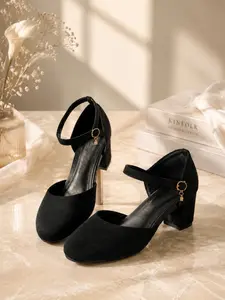 Women's Suede Chunky Heel Pumps - French Vintage Elegant Ankle Strap Block Heels Office Siren
