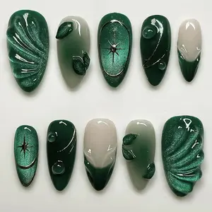 10-piece fake nails Emerald 3D Leaf & Flower Press-On Nails, Luxury Office Style, Metal Star Decoration, High-End Gift Style