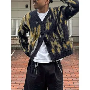 Men's Colorblock Print Button Front Cardigan, Loose Casual Drop Shoulder Long Sleeve V Neck Knitwear for Fall & Winter, Men's Knit Clothing for Daily Wear