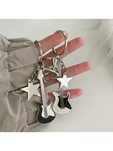 Pentagram Heart Button Pendant Bow Y2K Guitar Charm, Niche Sweet Cool Lolita Keychain