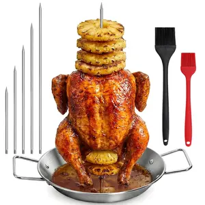 10-Inch BBQ Rack with Fat Separator, Brazilian Grill Set with 5 Skewers and 2 Brushes, Stainless Steel Vertical Skewers for Shawarma and Smoked Chicken